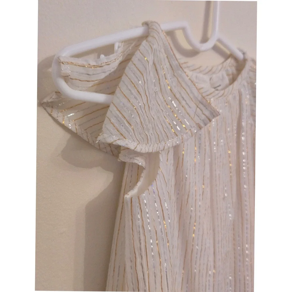 Molo Calee Girls Dress Metallic Gold Silver‎ Stripe Flutter Sleeve White 98- 3T